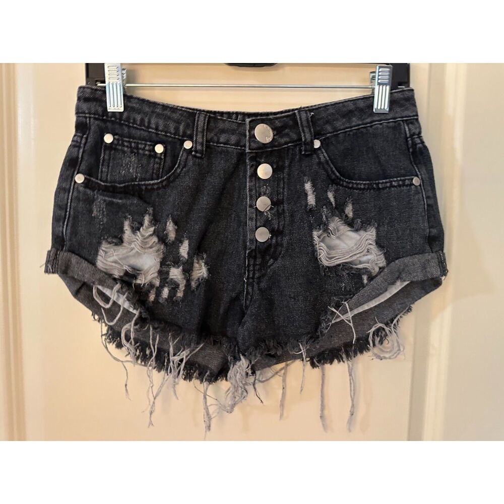 Vestique Faded Black Button Up Rolled Cutoff Jean Shorts Women's Sz Medium